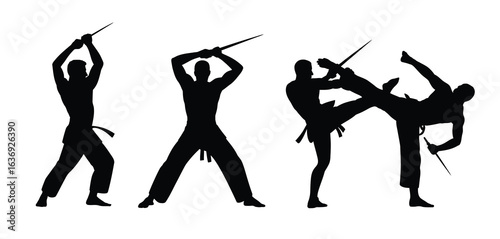 Silhouettes of martial artists performing sword fighting and kicking techniques