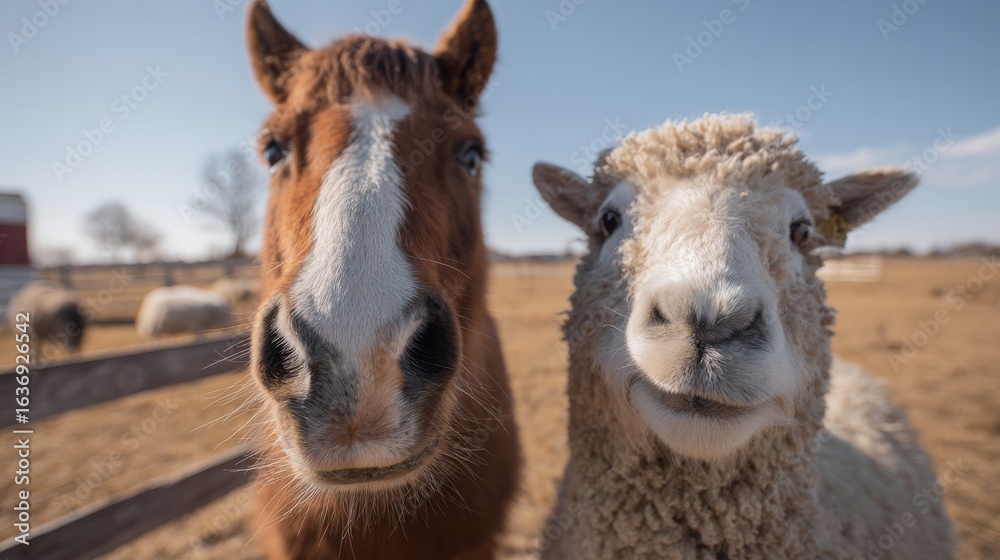 Obraz premium Close-Up Of A Horse And Sheep In A Sunny Pasture. Farm Animals Enjoying A Peaceful Day Outdoors