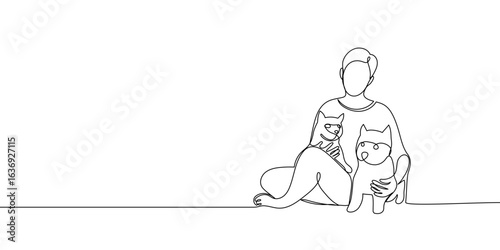 Continuous line banner, mistress with her pets. Animals, dog and cat. Care and love. Vector outline