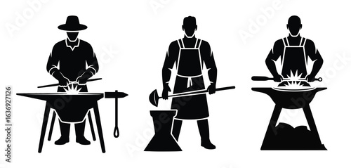 Silhouettes of three blacksmiths working at anvils with tools and fire