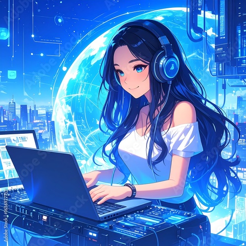 Anime girl with laptop in futuristic scene