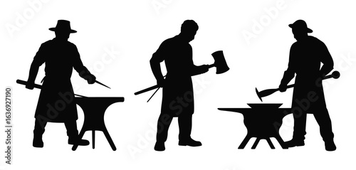 Silhouettes of three blacksmiths working at anvils with hammers