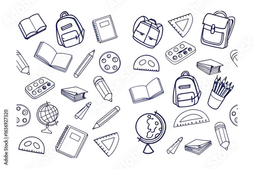 School Supplies: A simple illustration of essential school supplies arranged, evoking a sense of education. Showcasing the tools needed for students. 