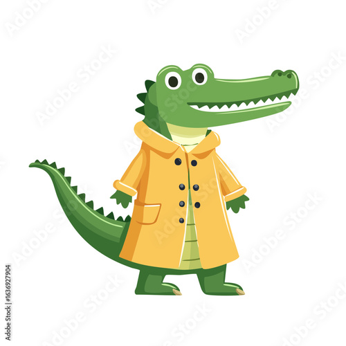 A charming illustrated alligator wearing a yellow coat stands gracefully. The alligator has a smiling face, a friendly demeanor, and is ready for any adventure
