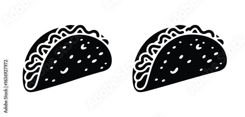 Two black and white stylized tacos with visible fillings