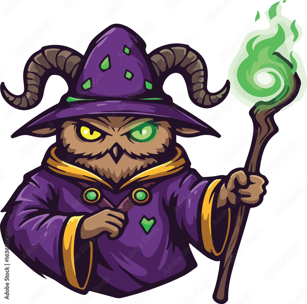 Naklejka premium Fantasy owl wizard mascot with horns and magic staff. Purple sorcerer owl character vector. Mythical bird mage illustration for gaming and esports.
