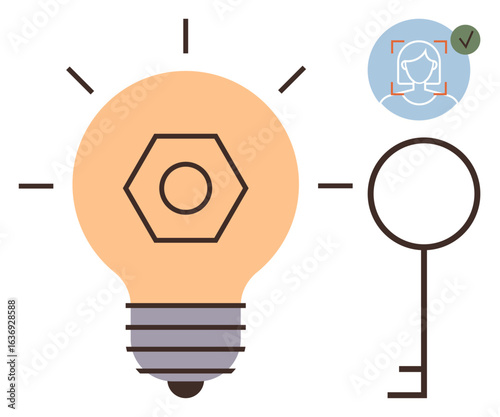 Lightbulb with hexagon, key icon, and approved facial recognition profile symbolize ideas, security, and innovation. Ideal for creativity, technology, access control, solutions digital security