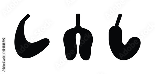 Three black silhouettes of human kidneys on white background