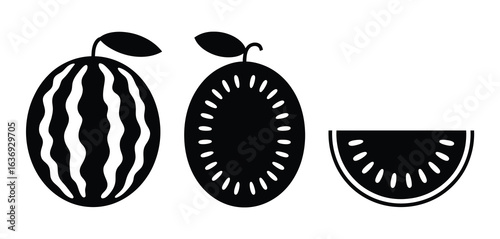 Stylized black and white silhouettes of watermelon and kiwi fruit
