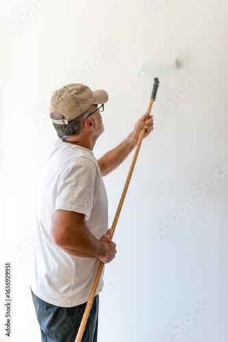 Senior painter painting a white wall with a paint roller