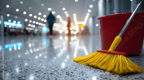 Janitor mopping an office floor with mop, bucket and broom handle. Cleaning crew janitorial services. Janitorial cleaning broom sweeping floor. Industrial hygiene cleanliness janitorial supplies
