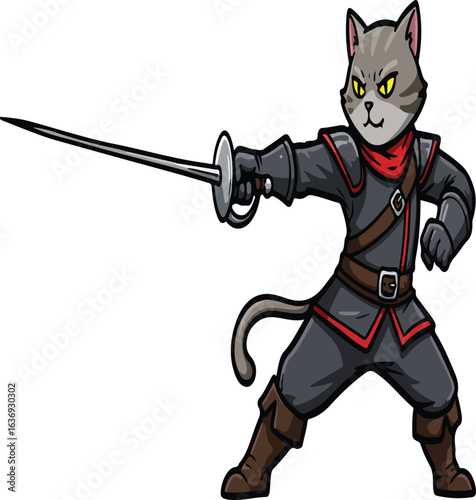 black and white cat with sword
