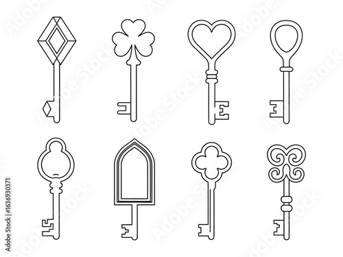 Antique Key Collection: An illustrative array of antique keys in diverse designs, each holding a silent promise of secrets and untold stories, set against a clean background.