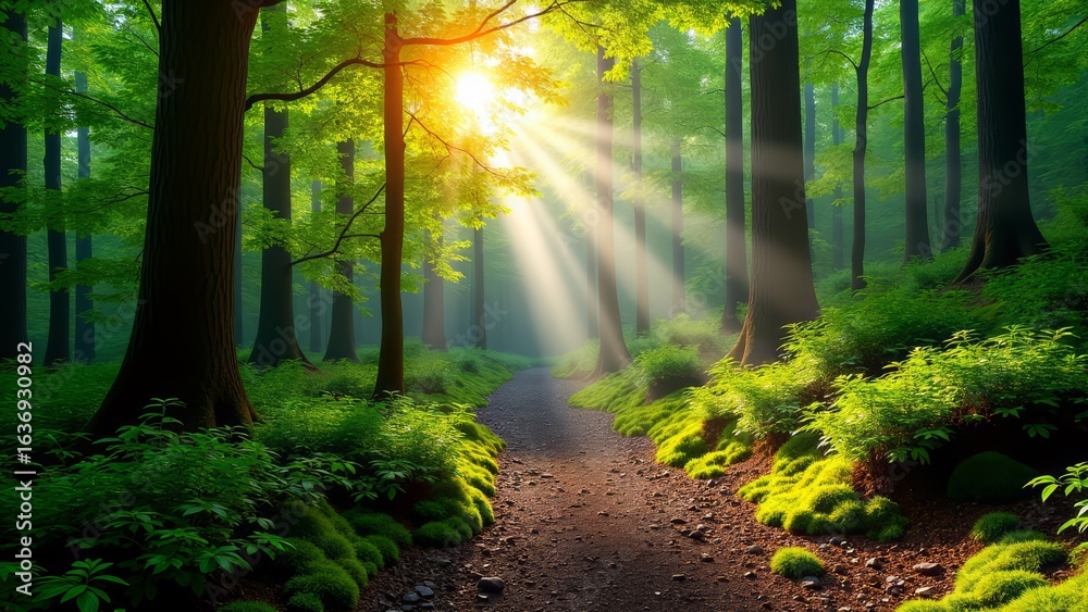 Fototapeta premium Forest path with sunlight through trees