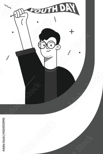 A young man character with glasses celebrating Youth Day, holding a flag. Black and white vector line art illustration for posters.