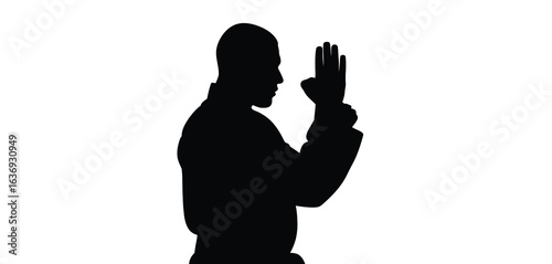 Silhouette of a martial artist in a gi raising their hand in a defensive stance