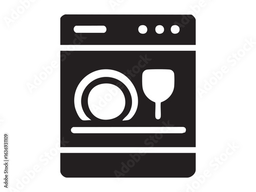 Black silhouette of dishwasher with plate and glass icon, isolated on white background. concept of kitchen appliance, household chore, cleaning, home, utility, design element.