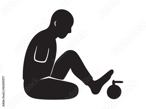 Silhouette of disabled man with amputated arm sitting on floor and holding object with foot, isolated on white background. Concept of disability, adaptation, resilience, inclusive design