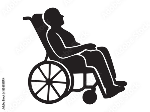 Silhouette of disabled person sitting in wheelchair reclined backward, isolated on white background. Concept of mobility assistance, disability care, medical equipment, rehabilitation, healthcare