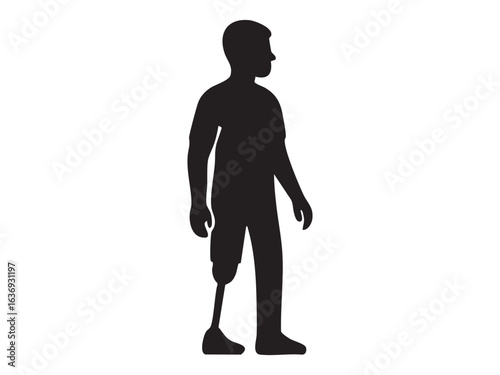 Silhouette of boy with prosthetic leg standing, isolated on white background, graphic illustration. Concept of child disability, prosthesis, inclusive childhood, design element