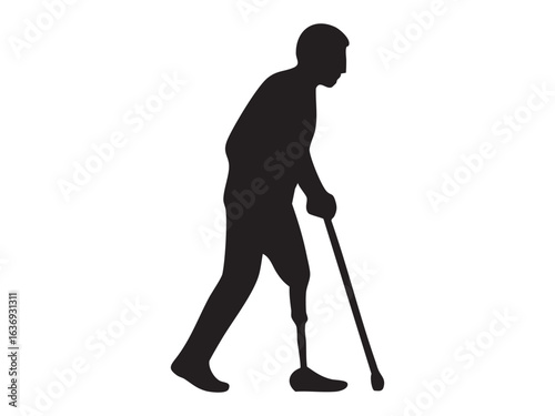 Man with leg prosthesis walking with cane, isolated on white background, graphic illustration. Concept of disability, rehabilitation, mobility aid, prosthetic limb support, medical recovery