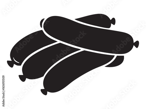 Black silhouette of sausages in a bunch, isolated on white background. concept of food, meat products, culinary, barbecue, grilling, icon, logo, design element.