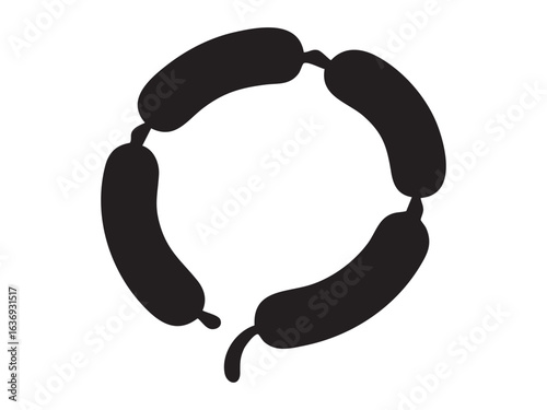 Black silhouette of sausage links in circular formation, isolated on white background. concept of food, meat product, butchery, culinary art, icon, logo, design element.