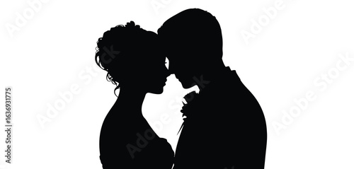 Silhouette of a couple about to kiss against a white background