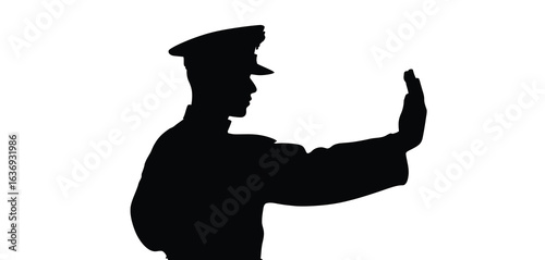 Silhouette of a police officer raising hand in stop gesture