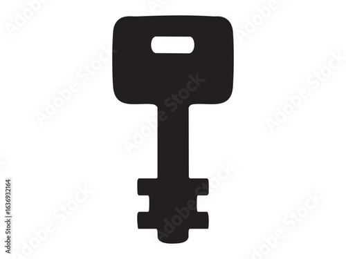 Black silhouette of key with rounded tip and square head, isolated on white background. concept of security, locksmith tools, antique design, icon, logo, design element