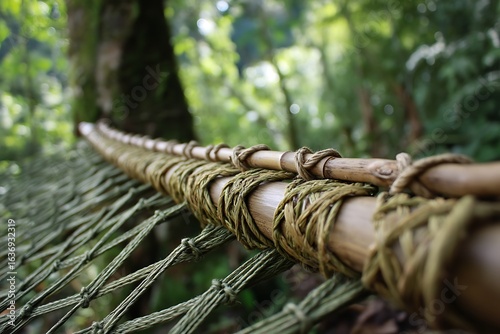 Relaxing hammock made of natural ropes and bamboo in a lush green forest provides ultimate comfort