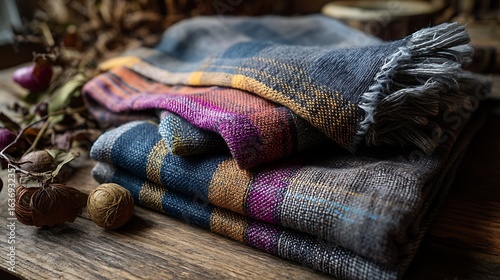 Cozy, textured woven blankets in rich jewel tones with fringe detail, artfully arranged on rustic wood for autumnal comfort