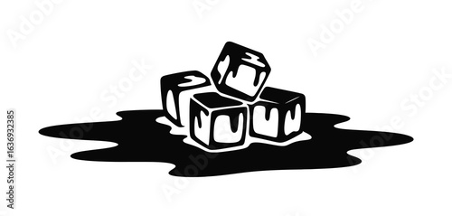 Melting ice cubes in a puddle of water black and white illustration