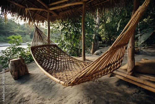 Relaxing bamboo hammock awaits under rustic thatch roof overlooking serene jungle river scene