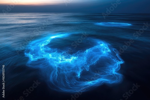 The breathtaking bioluminescence in the ocean creates a mesmerizing display of blue light under a dark sky at twilight.