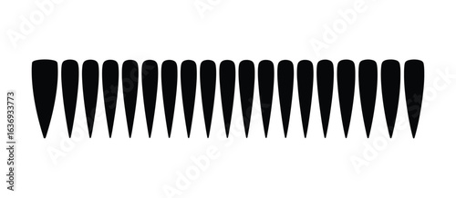 A row of black paintbrushes with pointed tips on a white background