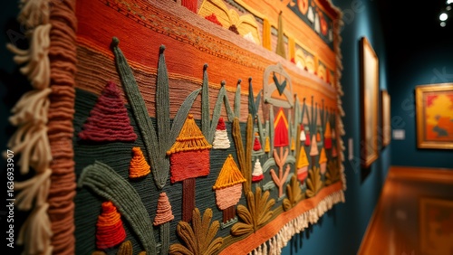 Woven tapestry art displayed in museum