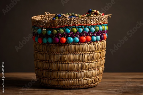 Vibrant, handcrafted woven basket adorned with colorful beads, perfect for stylish home decor and artisanal displays