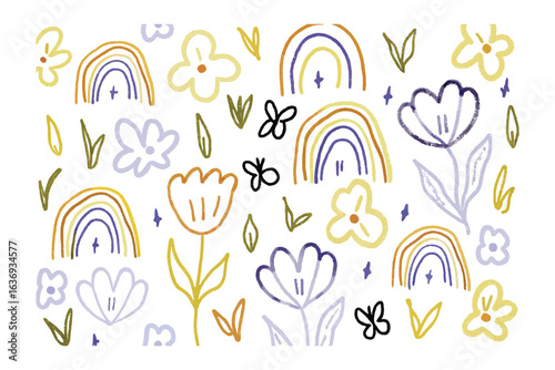 Nature's Doodle: Hand-drawn doodles of rainbows and flowers come together in a delightful and refreshing graphic resource. Capturing the essence of whimsical spring days.