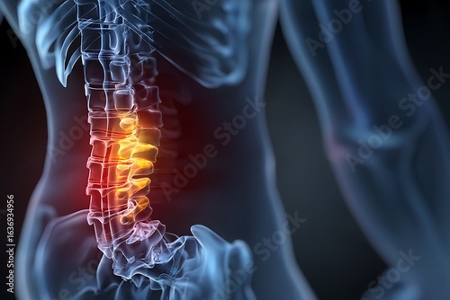 Human spine anatomy highlighting the lumbar region, showcasing the skeletal structure, bones, and potential areas of pain or injury