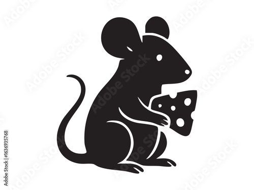 Black silhouette of mouse holding cheese, isolated on white background. concept of rodent, cheese lover, icon, logo, cute pet, design element, playful mascot