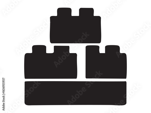 Black silhouette of toy building blocks constructor isolated on white background. Concept of kids construction set, creative play, childhood development, simple icon, educational toy