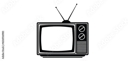 Retro television with antenna and knobs black and white illustration