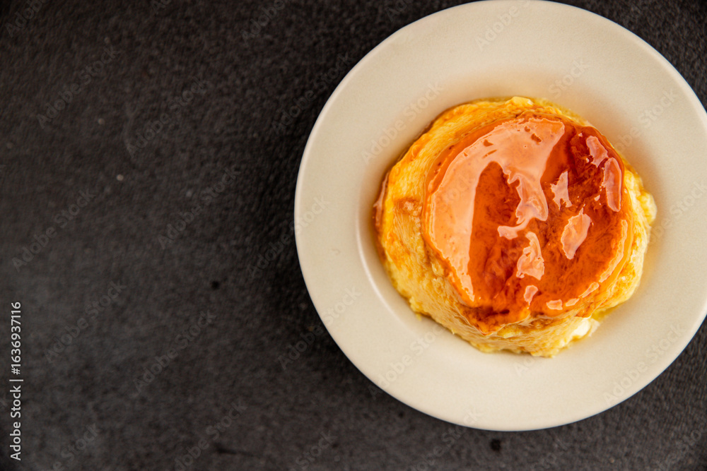 caramel cream dessert flan pudding sweet dessert fresh delicious gourmet food background on the table rustic food top view copy space caramel cream dessert flan pudding sweet dessert fresh delicious gourmet food background on the table rustic food top view copy space
