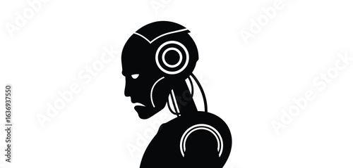 Stylized black silhouette of a robot head and shoulders in profile