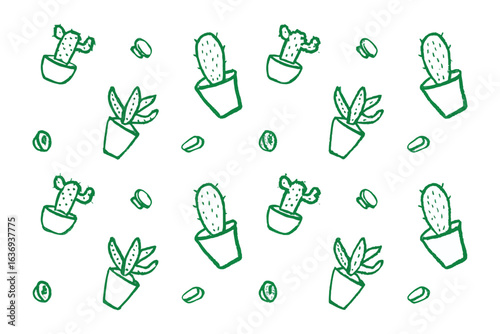 Cactus Pattern: A captivating, whimsical illustration of various potted cacti and small, decorative pebbles scattered in an engaging pattern, a tribute to the simple beauty of nature and design.