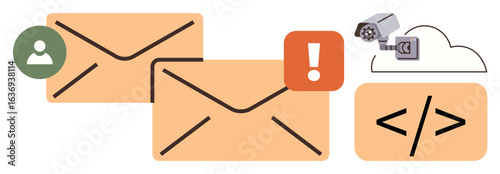 Envelopes signifying email, alert notifications, surveillance camera, cloud, and code snippet. Ideal for cybersecurity, online safety, email protection, encrypted messages risk management software