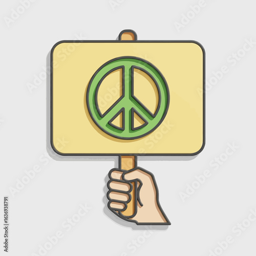 Hand holding a sign with a peace symbol.