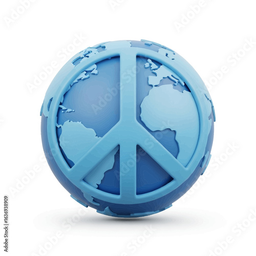 Globe with peace symbol overlay on white background.