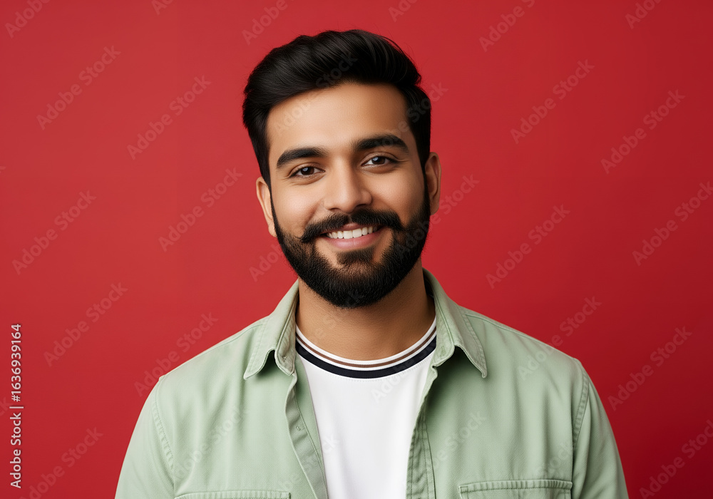 Obraz premium Portrait of a cheerful young man with a stylish beard smiling warmly at the camera